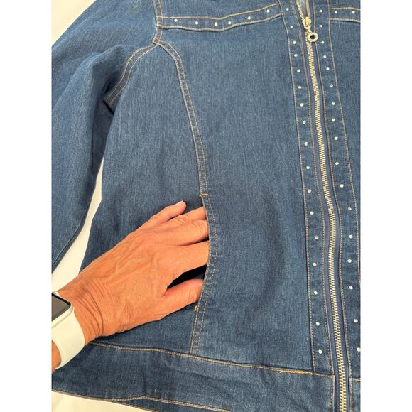 Cathy Daniels Denim Jean Jacket full zip Rhinestone Embellished Sz Large - Picture 3 of 10